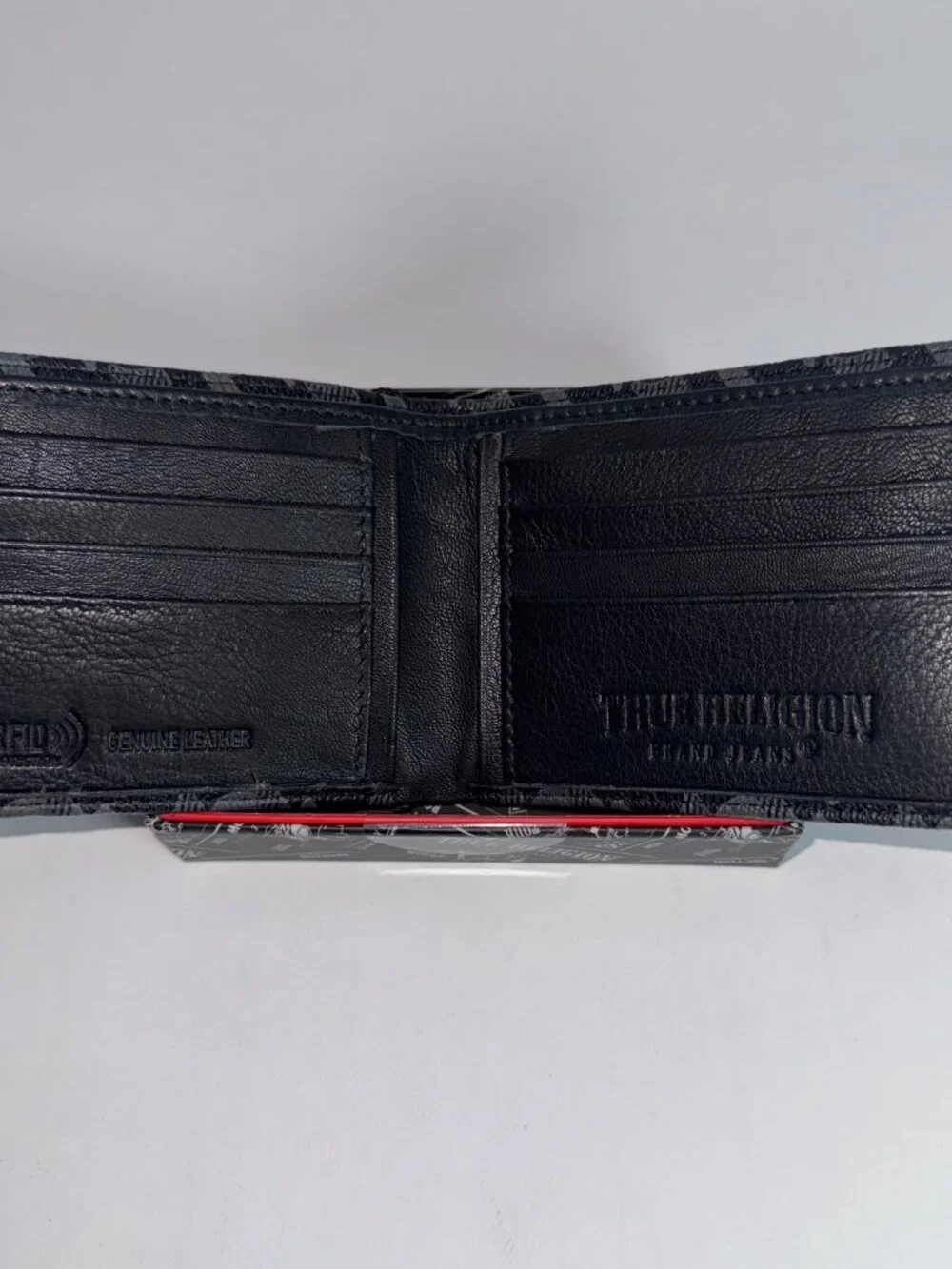 RUE RELIGION Black Leather Bifold Wallet Logo Boxed RFID Gift for Men NWT